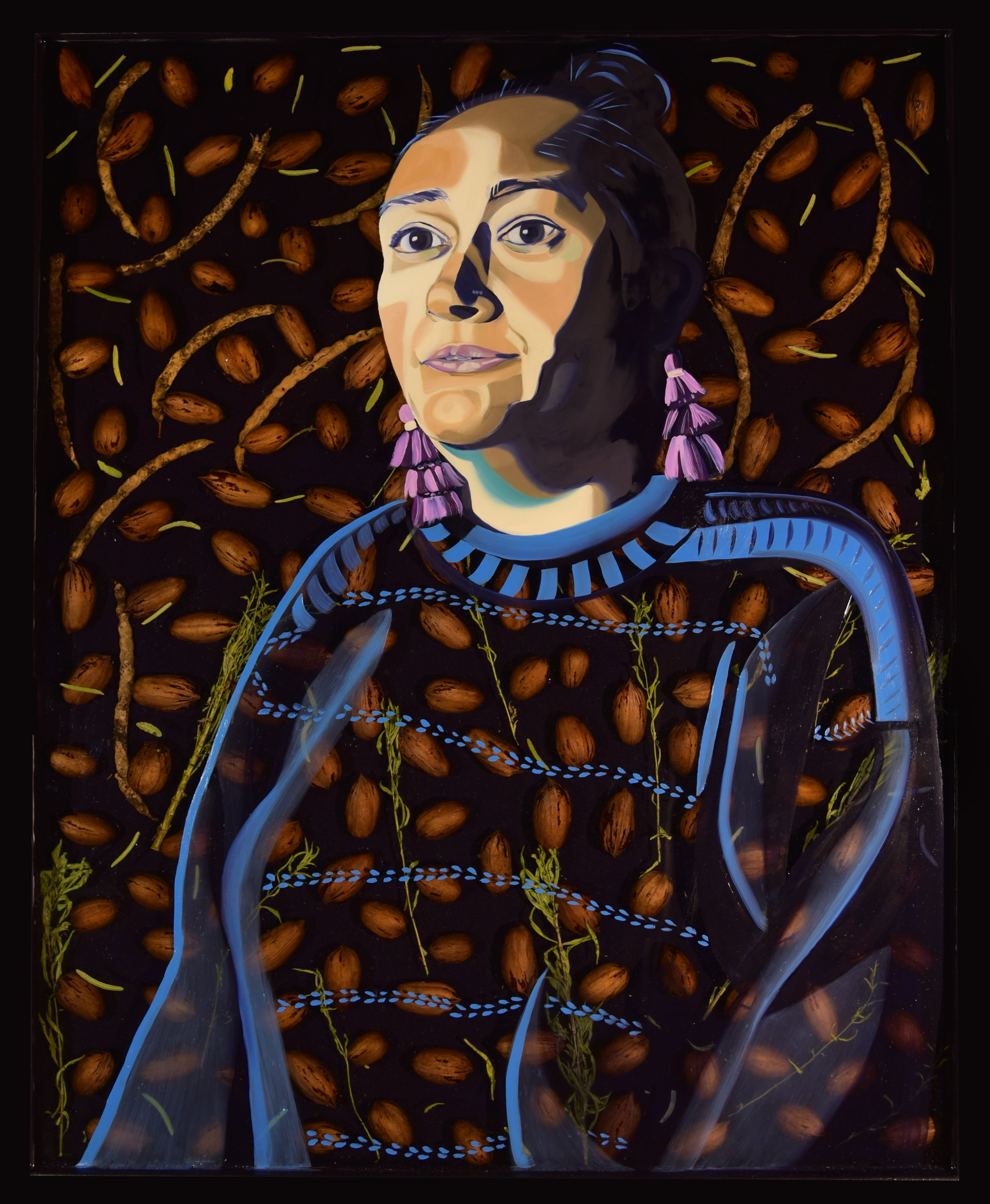 Oil painting, pecans, and mesquite pods, portrait by Suzy Gonzalez