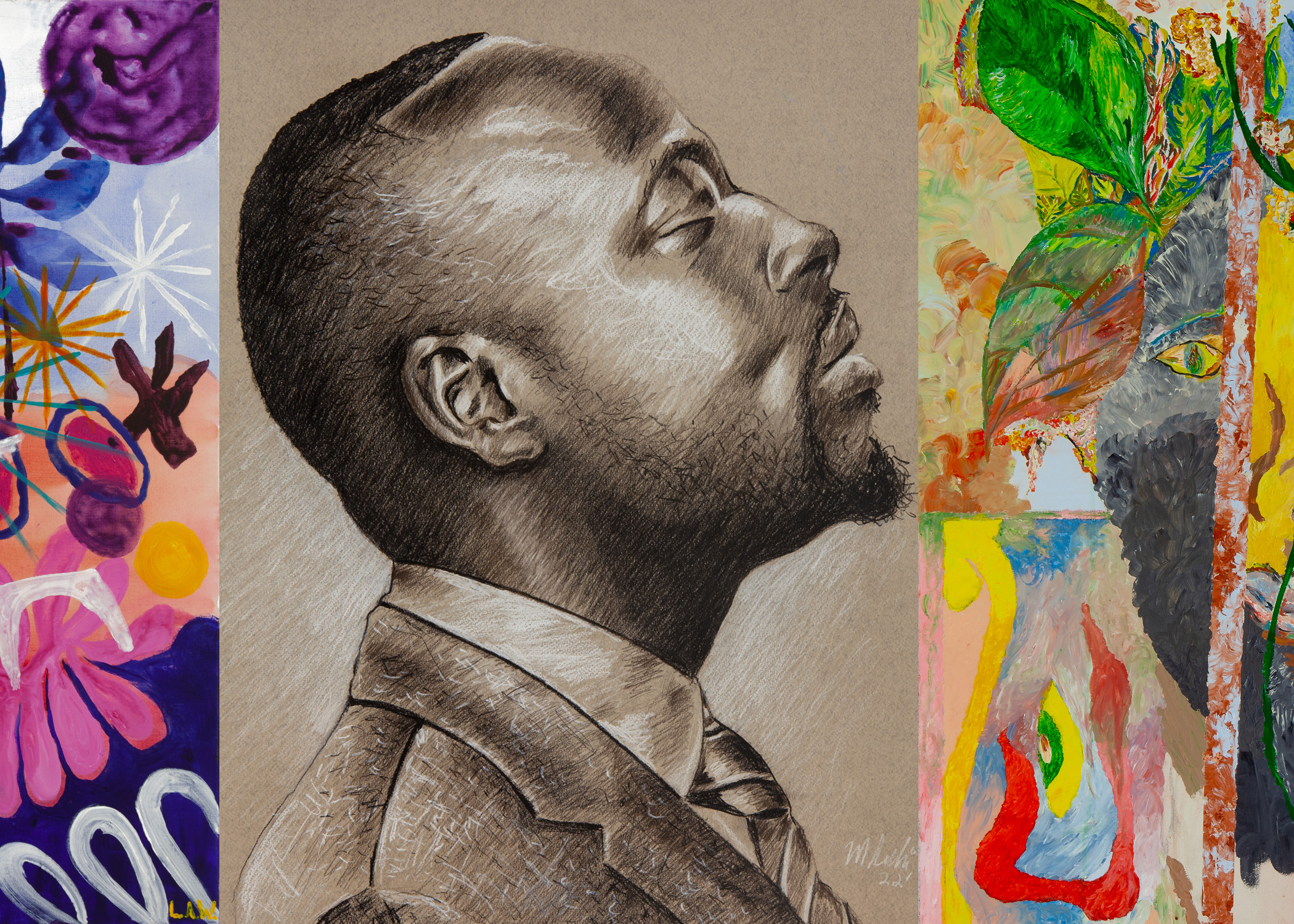 Brightly colored abstract paintings and realism charcoal portrait